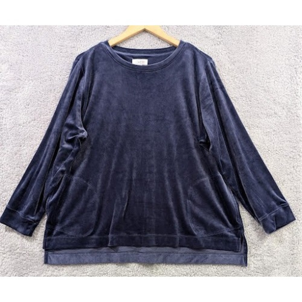 Denim & Co Velour Pullover Top Women's XLP Blue Tunic Sweatshirt Pocket Soft